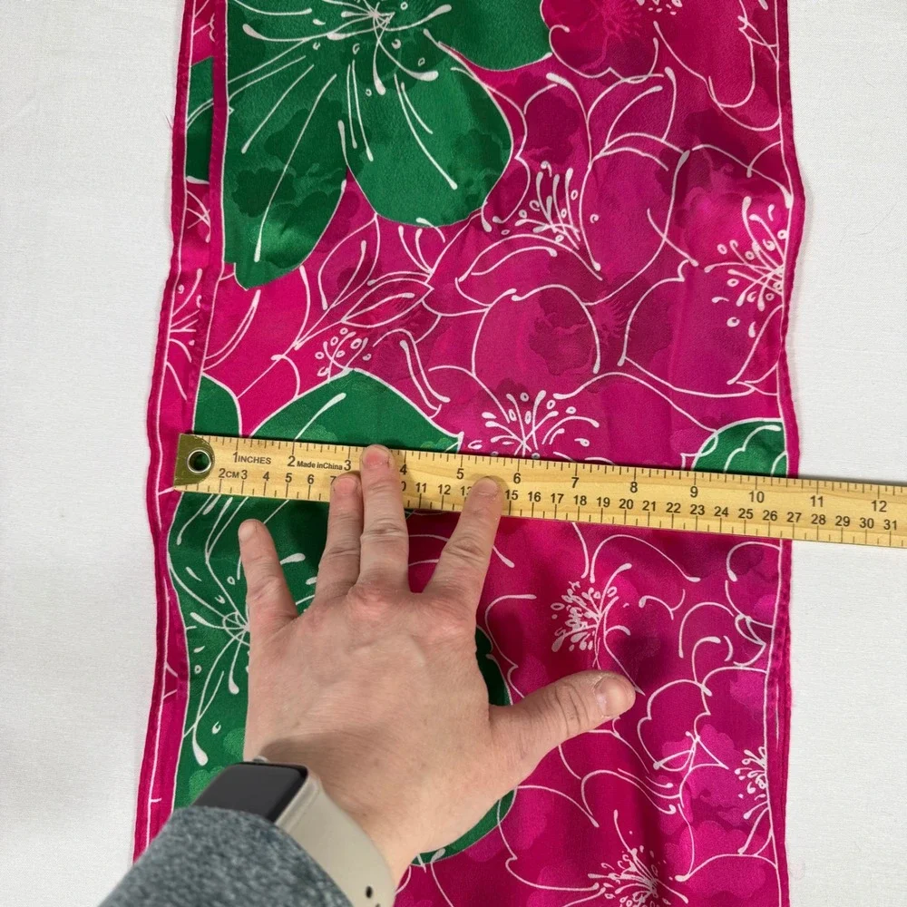 Ginnie Johnson Pink Hibiscus Floral Silk‎ Scarf Tropical Botanical Signed 61x11